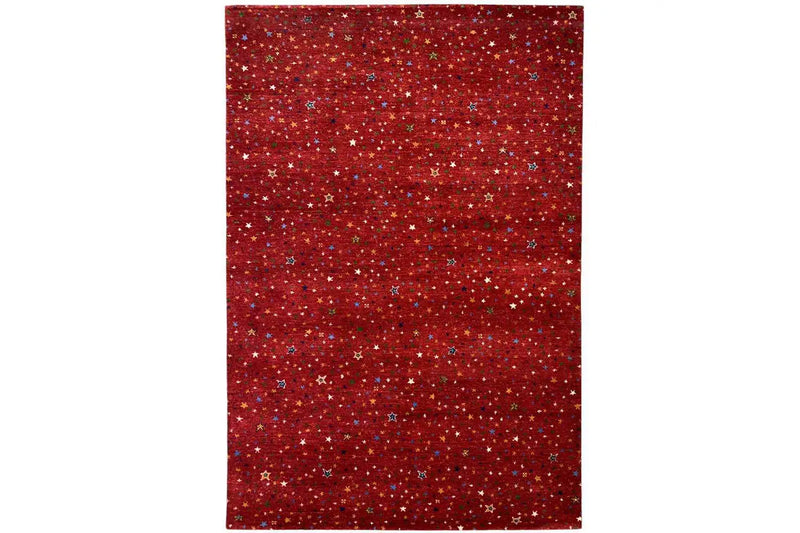 Gabbeh lori rug in red color showing multi-colored stars.