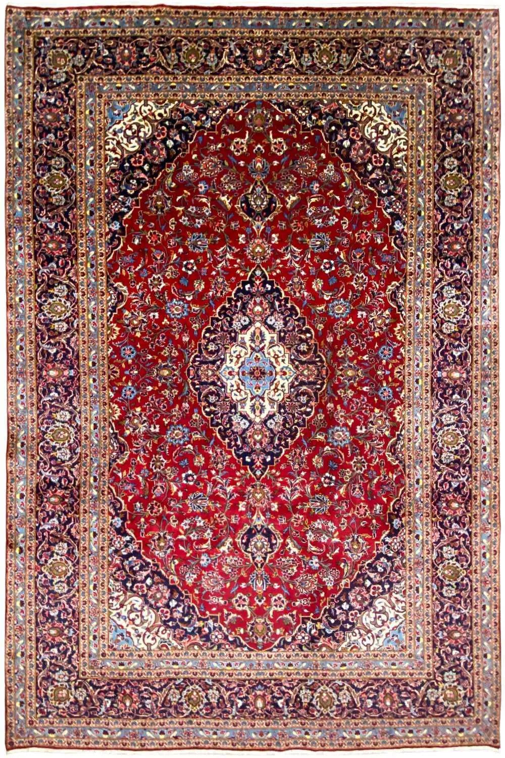 A beautiful Keshan rug in Red and yellow color representing a medallion and  string of flowers.