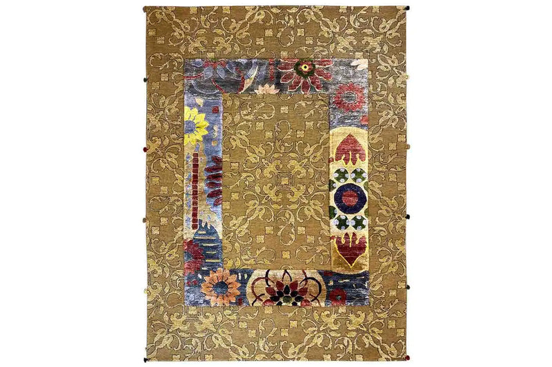 A delightful designer rug in Mustard color with flower art in various colours such as Yellow and Red. 