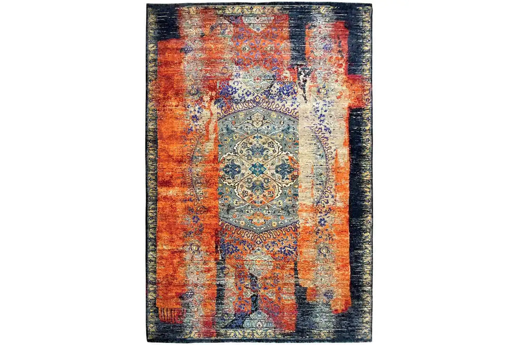 A beautiful modern designer rug in a Orange and Blue colored abstract pattern.